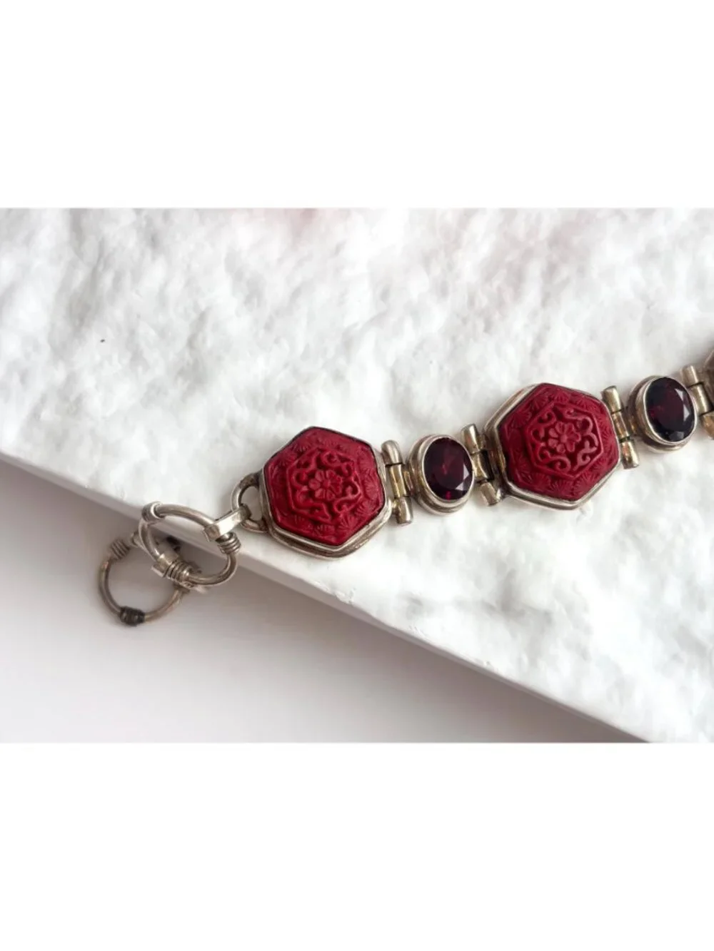 Cinnabar Hand Carved Sterling Silver Octagon Vintage Chainlink 925 Bracelet
